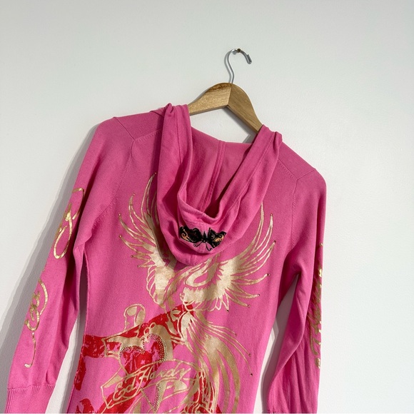 Ed Hardy Hooded tunic top pink tattoo Phoenix jersey knit 3/4 sleeves - Picture 8 of 17